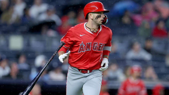 Los Angeles Angels shortstop Zach Neto (9) flips his bat after hitting a grand slam home run against the New York Yankees during the second inning at Yankee Stadium on Aug 7.