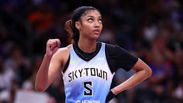 Aug 28, 2025; Phoenix, Arizona, USA; Chicago Sky forward Angel Reese (5) reacts against the Phoenix Mercury at Phx Arena. Mandatory Credit: Mark J. Rebilas-Imagn Images
