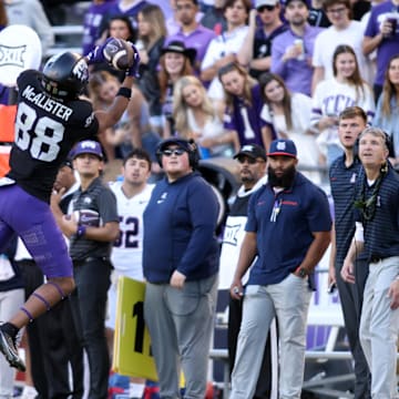 Nov 23, 2024; Fort Worth, Texas, USA; TCU Horned Frogs wide receiver Eric McAlister (88) catches a pass against the Arizona Wildcats in the second half at Amon G. Carter Stadium. Mandatory Credit: Tim Heitman-Imagn Images