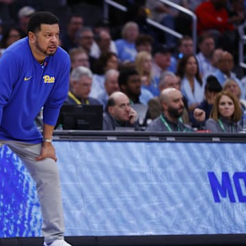 Mar 15, 2024; Washington, D.C., USA; Pittsburgh Panthers head coach Jeff Capel looks on from the sidelines against the North Carolina Tar Heels during the first half at Capital One Arena. Mandatory Credit: Amber Searls-Imagn Images