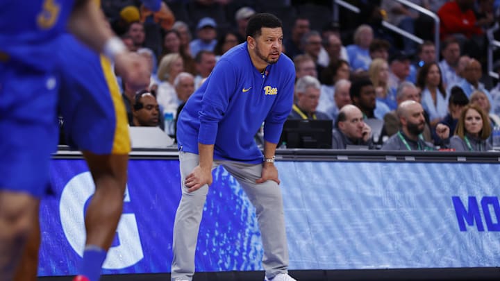 Mar 15, 2024; Washington, D.C., USA; Pittsburgh Panthers head coach Jeff Capel looks on from the sidelines against the North Carolina Tar Heels during the first half at Capital One Arena. Mandatory Credit: Amber Searls-Imagn Images