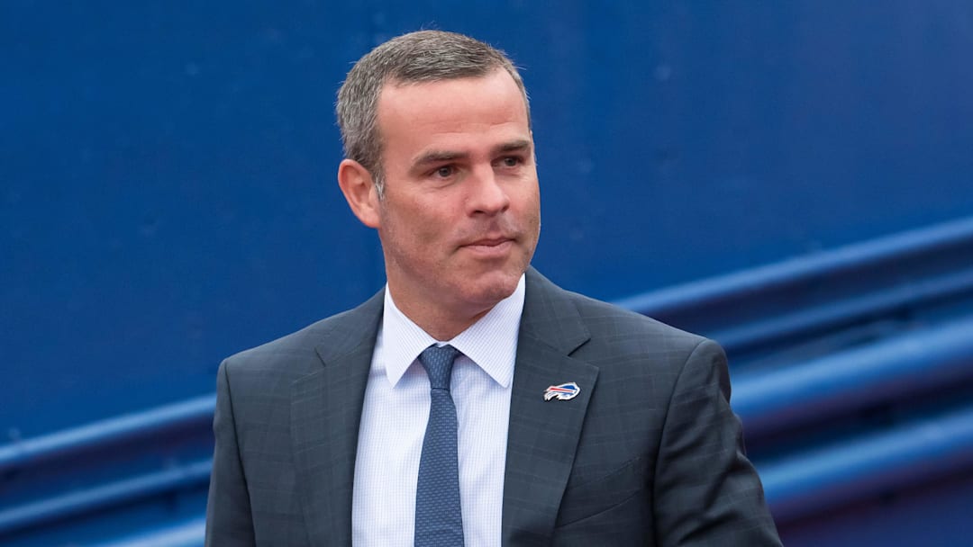 Oct 31, 2021; Orchard Park, New York, USA; Buffalo Bills general manager Brandon Beane enters the field before a game against the Miami Dolphins at Highmark Stadium. Mandatory Credit: Mark Konezny-Imagn Images