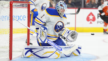 Mar 29, 2025; Philadelphia, Pennsylvania, USA; Buffalo Sabres goalie Ukko-Pekka Luukkonen (1) makes a save against the Philadelphia Flyers in the second period at Wells Fargo Center. Mandatory Credit: Kyle Ross-Imagn Images