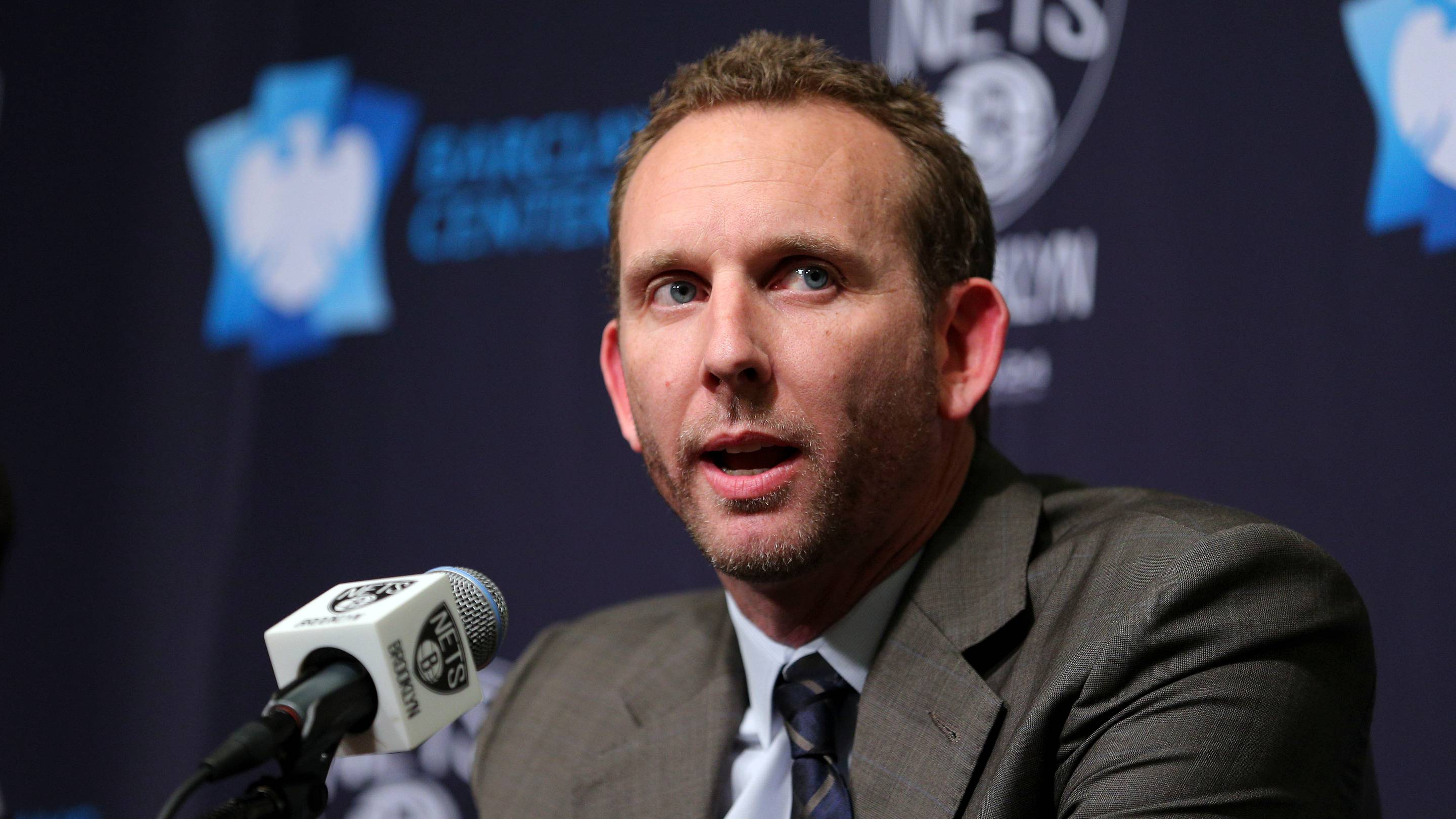 Feb 19, 2016; Brooklyn, NY, USA; Brooklyn Nets new general manager Sean Marks speaks to the media during a press conference before a game against the New York Knicks at Barclays Center. Mandatory Credit: Brad Penner-USA TODAY Sports