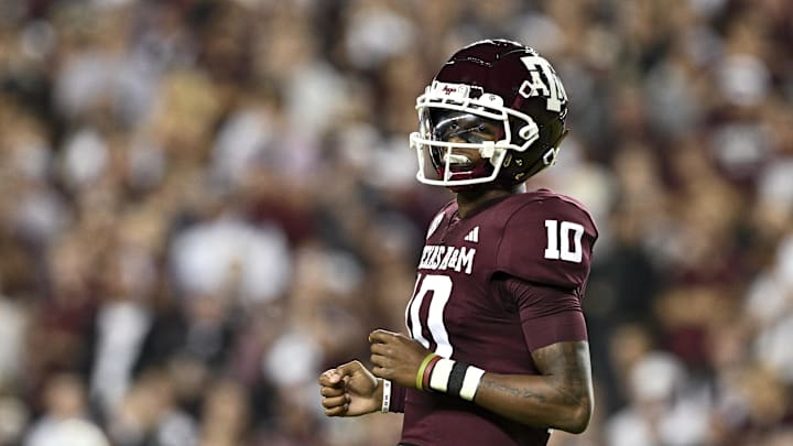 Nov 16, 2024; College Station, Texas, USA; Texas A&M Aggies quarterback Marcel Reed (10) looks on during the first quarter against the New Mexico State Aggies at Kyle Field. Mandatory Credit: Maria Lysaker-Imagn Images 