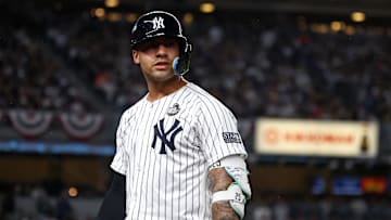 Oct 29, 2024; Bronx, New York, USA; New York Yankees second baseman Gleyber Torres (25) reacts after an out against the Los Angeles Dodgers in the first inning during game four of the 2024 MLB World Series at Yankee Stadium.