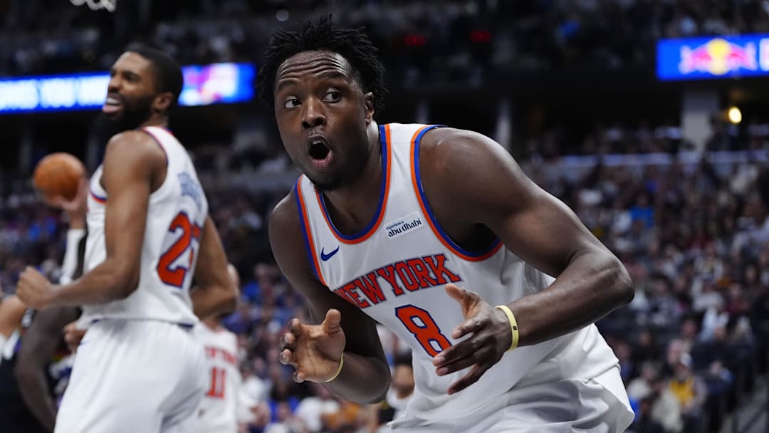 Mar 6, 2026; Denver, Colorado, USA; New York Knicks forward Og Anunoby (8) reacts in the second quarter against the Denver Nuggets at Ball Arena. Mandatory Credit: Ron Chenoy-Imagn Images