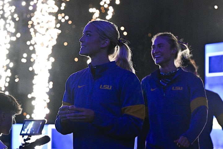 LSU Tigers gymnast Olivia Dunne walks on to the floor during the 2025 Women's National Gymnastics Semifinal at Dickies Arena.