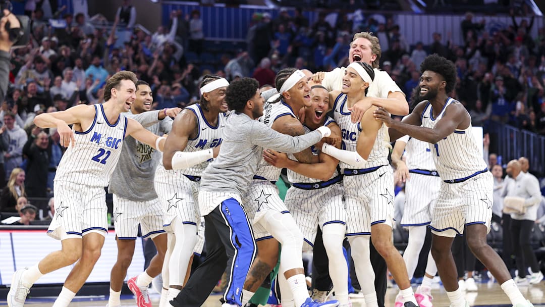 Nov 10, 2025; Orlando, Florida, USA; Orlando Magic guard Desmond Bane (3) celebrates with forward Paolo Banchero (5) after making a game wing basket against the Portland Trail Blazers in the fourth quarter at Kia Center. Mandatory Credit: Nathan Ray Seebeck-Imagn Images