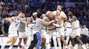 Nov 10, 2025; Orlando, Florida, USA; Orlando Magic guard Desmond Bane (3) celebrates with forward Paolo Banchero (5) after making a game wing basket against the Portland Trail Blazers in the fourth quarter at Kia Center. Mandatory Credit: Nathan Ray Seebeck-Imagn Images
