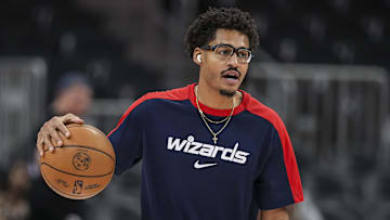 Oct 28, 2024; Atlanta, Georgia, USA; Washington Wizards guard Jordan Poole (13) shown on the court before the game against the Atlanta Hawks at State Farm Arena. Mandatory Credit: Dale Zanine-Imagn Images