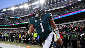 Jan 26, 2025; Philadelphia, PA, USA; Philadelphia Eagles quarterback Jalen Hurts (1) reacts after a touchdown against the Washington Commanders during the second half in the NFC Championship game at Lincoln Financial Field. Mandatory Credit: Eric Hartline-Imagn Images