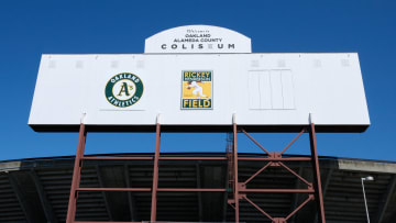 May 26, 2024; Oakland, California, USA; A general view of signage at Oakland-Alameda County Coliseum before the game between the Oakland Athletics and the Houston Astros.   Mandatory Credit: Robert Edwards-USA TODAY Sports