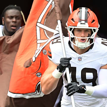 Aug 23, 2025; Cleveland, Ohio, USA; Cleveland Browns linebacker Carson Schwesinger (49) leads the team onto the field before the game between the Browns and the Los Angeles Rams at Huntington Bank Field. Mandatory Credit: Ken Blaze-Imagn Images