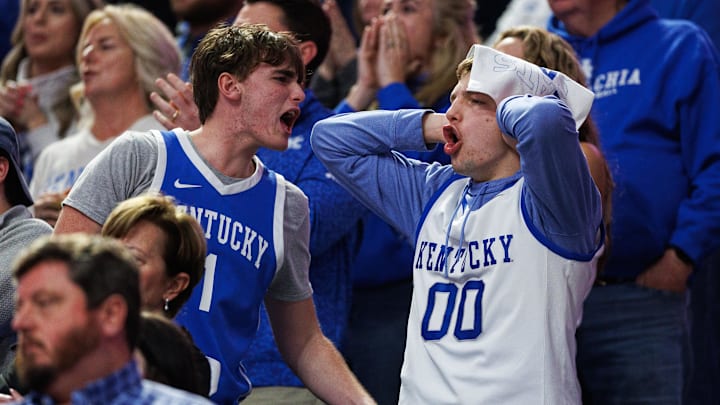 Feb 17, 2026; Lexington, Kentucky, USA; Kentucky Wildcats fans react to the action during the second half against the Georgia Bulldogs at Rupp Arena at Central Bank Center. Mandatory Credit: Jordan Prather-Imagn Images