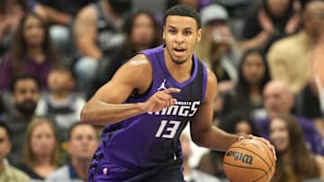 Apr 11, 2025; Sacramento, California, USA; Sacramento Kings forward Keegan Murray (13) dribbles against the Los Angeles Clippers during the first quarter at Golden 1 Center. Mandatory Credit: Darren Yamashita-Imagn Images