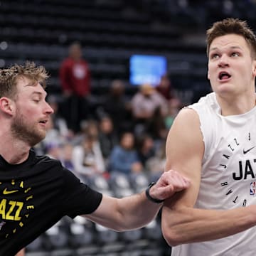 Mar 17, 2025; Salt Lake City, Utah, USA;  Utah Jazz center Walker Kessler (24) warms up before the game against the Chicago Bulls at Delta Center. Mandatory Credit: Chris Nicoll-Imagn Images