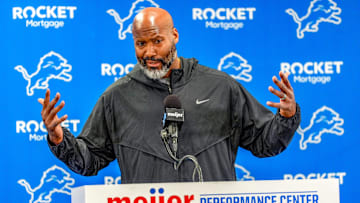 Detroit Lions Executive Vice President & General Manager Brad Holmes speaks to the press about their season, how it ended and what’s next at the Detroit Lions headquarters and training facility in Allen Park, Mich., Thursday, Jan. 23, 2025.
