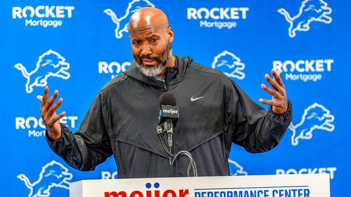 Detroit Lions Executive Vice President & General Manager Brad Holmes speaks to the press about their season, how it ended and what’s next at the Detroit Lions headquarters and training facility in Allen Park, Mich., Thursday, Jan. 23, 2025.