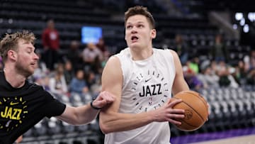 Mar 17, 2025; Salt Lake City, Utah, USA;  Utah Jazz center Walker Kessler (24) warms up before the game against the Chicago Bulls at Delta Center. Mandatory Credit: Chris Nicoll-Imagn Images