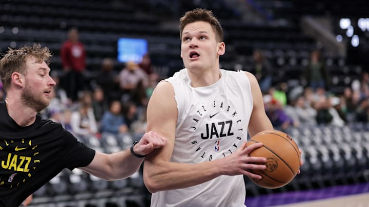 Mar 17, 2025; Salt Lake City, Utah, USA;  Utah Jazz center Walker Kessler (24) warms up before the game against the Chicago Bulls at Delta Center. Mandatory Credit: Chris Nicoll-Imagn Images