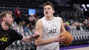 Mar 17, 2025; Salt Lake City, Utah, USA;  Utah Jazz center Walker Kessler (24) warms up before the game against the Chicago Bulls at Delta Center. Mandatory Credit: Chris Nicoll-Imagn Images