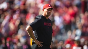 Oct 26, 2024; Tuscaloosa, Alabama, USA;  Alabama Crimson Tide head coach Kalen DeBoer walks along the field during warmups before a game against the Missouri Tigers at Bryant-Denny Stadium. 
