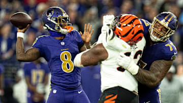 Baltimore Ravens quarterback Lamar Jackson (8) throws a go ahead touchdown pass to Baltimore Ravens tight end Mark Andrews (89) in the fourth quarter of the NFL game at M&T Banks Stadium in Baltimore on Thursday, Nov. 7, 2024.