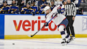 Oct 1, 2024; St. Louis, Missouri, USA;  Columbus Blue Jackets defenseman David Jiricek (55) shoots against the St. Louis Blues during the first period at Enterprise Center. Mandatory Credit: Jeff Curry-Imagn Images