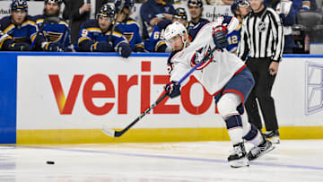 Oct 1, 2024; St. Louis, Missouri, USA;  Columbus Blue Jackets defenseman David Jiricek (55) shoots against the St. Louis Blues during the first period at Enterprise Center. Mandatory Credit: Jeff Curry-Imagn Images
