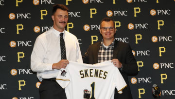 Jul 18, 2023; Pittsburgh, Pennsylvania, USA; Pittsburgh Pirates pitcher Paul Skenes (left) is introduced at a press conference by Pirates General Manager Ben Cherington (right) before the Pirates play the Cleveland Guardians at PNC Park. Skenes was the Pirates first round pick and the overall number one pick in the 2023 MLB first year player draft. Mandatory Credit: Charles LeClaire-USA TODAY Sports