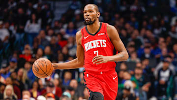 Dec 6, 2025; Dallas, Texas, USA; Houston Rockets forward Kevin Durant (7) brings the ball up the court during the first quarter against the Dallas Mavericks at American Airlines Center. Mandatory Credit: Andrew Dieb-Imagn Images
