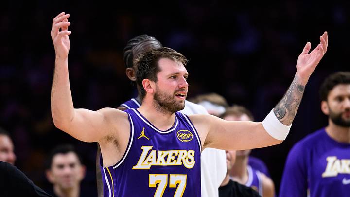 Mar 27, 2026; Los Angeles, California, USA; Los Angeles Lakers guard Luka Doncic (77) reacts during the second half against the Brooklyn Nets at Crypto.com Arena. Mandatory Credit: William Liang-Imagn Images