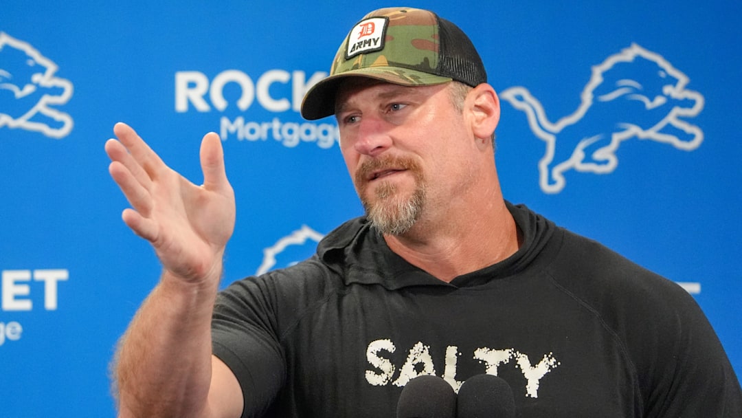 Head coach Dan Campbell speaks to the media during the Detroit Lions training camp at the Lions headquarters in Allen Park, Mich. on Friday, Aug 2, 2024.