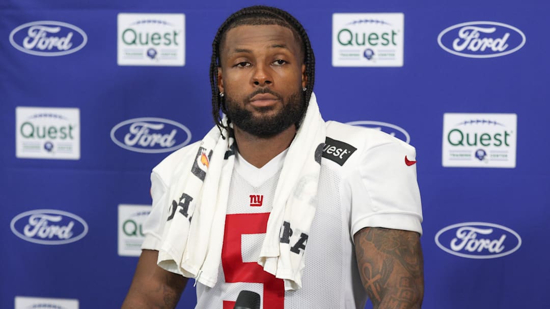 Jul 24, 2025; East Rutherford, NJ, USA; New York Giants linebacker Kayvon Thibodeaux (5) talks with media during training camp at Quest Diagnostics Training Center. Mandatory Credit: Vincent Carchietta-Imagn Images