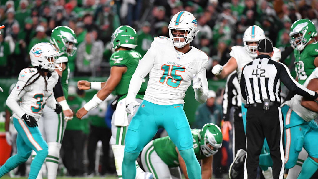 Oct 22, 2023; Philadelphia, Pennsylvania, USA; Miami Dolphins linebacker Jaelan Phillips (15) celebrates a sack and fumble recovery against the Philadelphia Eagles during the first quarter at Lincoln Financial Field. Mandatory Credit: Eric Hartline-Imagn Images