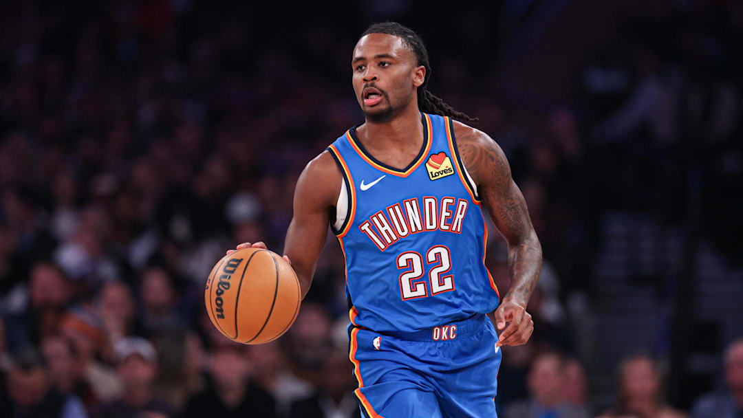 Mar 4, 2026; New York, New York, USA; Oklahoma City Thunder guard Cason Wallace (22) dribbles up court against the New York Knicks during the first half at Madison Square Garden. Mandatory Credit: Vincent Carchietta-Imagn Images
