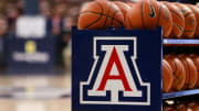 Jan 18, 2020; Tucson, Arizona, USA; The Arizona Wildcats logo on a ball cart before the second half of a basketball game against the Colorado Buffaloes at McKale Center