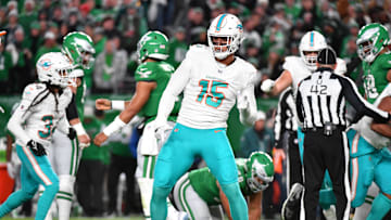 Oct 22, 2023; Philadelphia, Pennsylvania, USA; Miami Dolphins linebacker Jaelan Phillips (15) celebrates a sack and fumble recovery against the Philadelphia Eagles during the first quarter at Lincoln Financial Field. Mandatory Credit: Eric Hartline-Imagn Images
