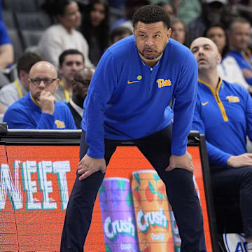 Mar 11, 2025; Charlotte, NC, USA;  Pittsburgh Panthers head coach Jeff Capel during the first half against the Notre Dame Fighting Irish at Spectrum Center. Mandatory Credit: Jim Dedmon-Imagn Images