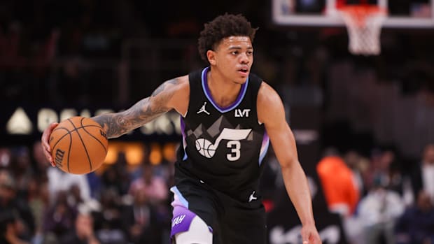 Apr 6, 2025; Atlanta, Georgia, USA; Utah Jazz guard Keyonte George (3) dribbles against the Atlanta Hawks in the fourth quart