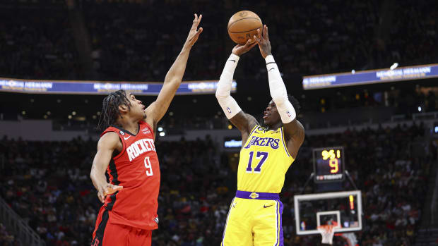 Mar 15, 2023; Houston, Texas, USA; Los Angeles Lakers guard Dennis Schroder (17) shoots