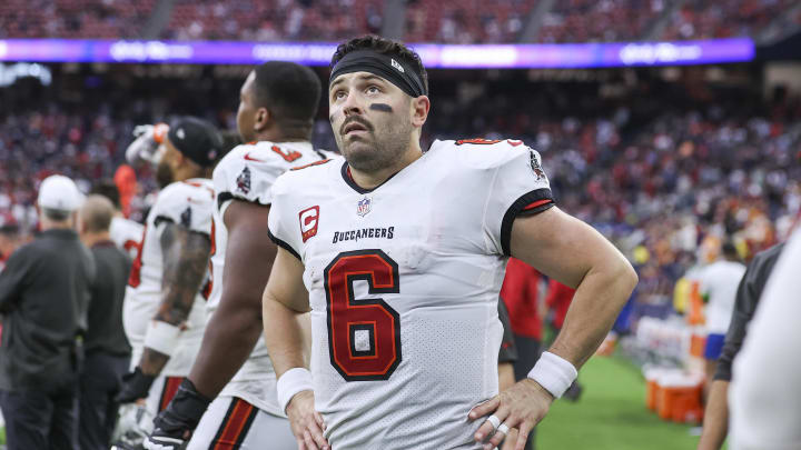 Nov 5, 2023; Houston, Texas, USA; Tampa Bay Buccaneers quarterback Baker Mayfield (6) on the sideline during the fourth quarter against the Houston Texans at NRG Stadium. Mandatory Credit: Troy Taormina-USA TODAY Sports