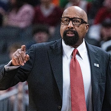 Mar 13, 2025; Indianapolis, IN, USA; Indiana Hoosiers head coach Mike Woodson in the first half against the Oregon Ducks at Gainbridge Fieldhouse. Mandatory Credit: Trevor Ruszkowski-Imagn Images