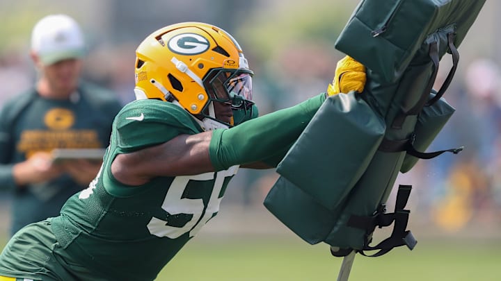 Green Bay Packers linebacker Edgerrin Cooper (56) runs through a drill during practice on Thursday, July 31, 2025, at Ray Nitschke Field in Ashwaubenon, Wis. 
Tork Mason/USA TODAY NETWORK-Wisconsin