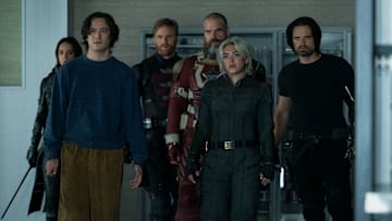Ghost (Hannah John-Kamen), Bob (Lewis Pullman), John Walker (Wyatt Russell), Alexei Shostakov/Red Guardian (David Harbour), Yelena Belova (Florence Pugh) and Bucky Barnes (Sebastian Stan)in Marvel Studios' THUNDERBOLTS*. Photo by Chuck Zlotnick. © 2025 MARVEL.