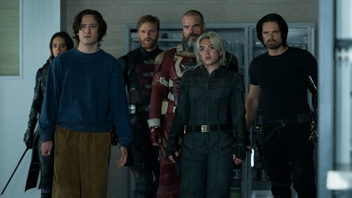 Ghost (Hannah John-Kamen), Bob (Lewis Pullman), John Walker (Wyatt Russell), Alexei Shostakov/Red Guardian (David Harbour), Yelena Belova (Florence Pugh) and Bucky Barnes (Sebastian Stan)in Marvel Studios' THUNDERBOLTS*. 