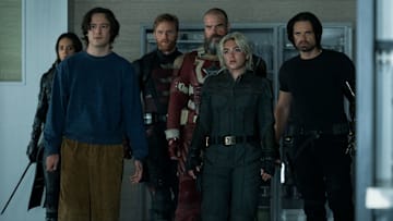 Ghost (Hannah John-Kamen), Bob (Lewis Pullman), John Walker (Wyatt Russell), Alexei Shostakov/Red Guardian (David Harbour), Yelena Belova (Florence Pugh) and Bucky Barnes (Sebastian Stan)in Marvel Studios' THUNDERBOLTS*. Photo by Chuck Zlotnick. © 2025 MARVEL.