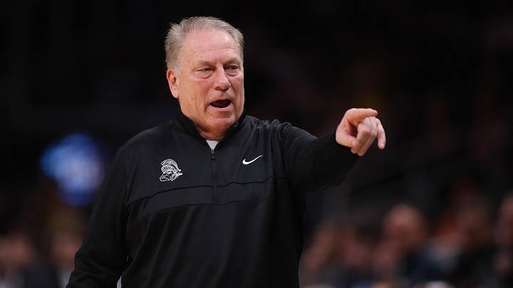 Mar 28, 2025; Atlanta, GA, USA; Michigan State Spartans head coach Tom Izzo in the first half of a South Regional semifinal of the 2025 NCAA tournament against the Mississippi Rebels at State Farm Arena. Mandatory Credit: Brett Davis-Imagn Images