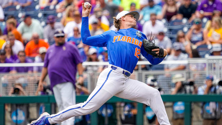 Jun 25, 2023; Omaha, NE, USA; Florida Gators starting pitcher Hurston Waldrep (12) throws a pitch